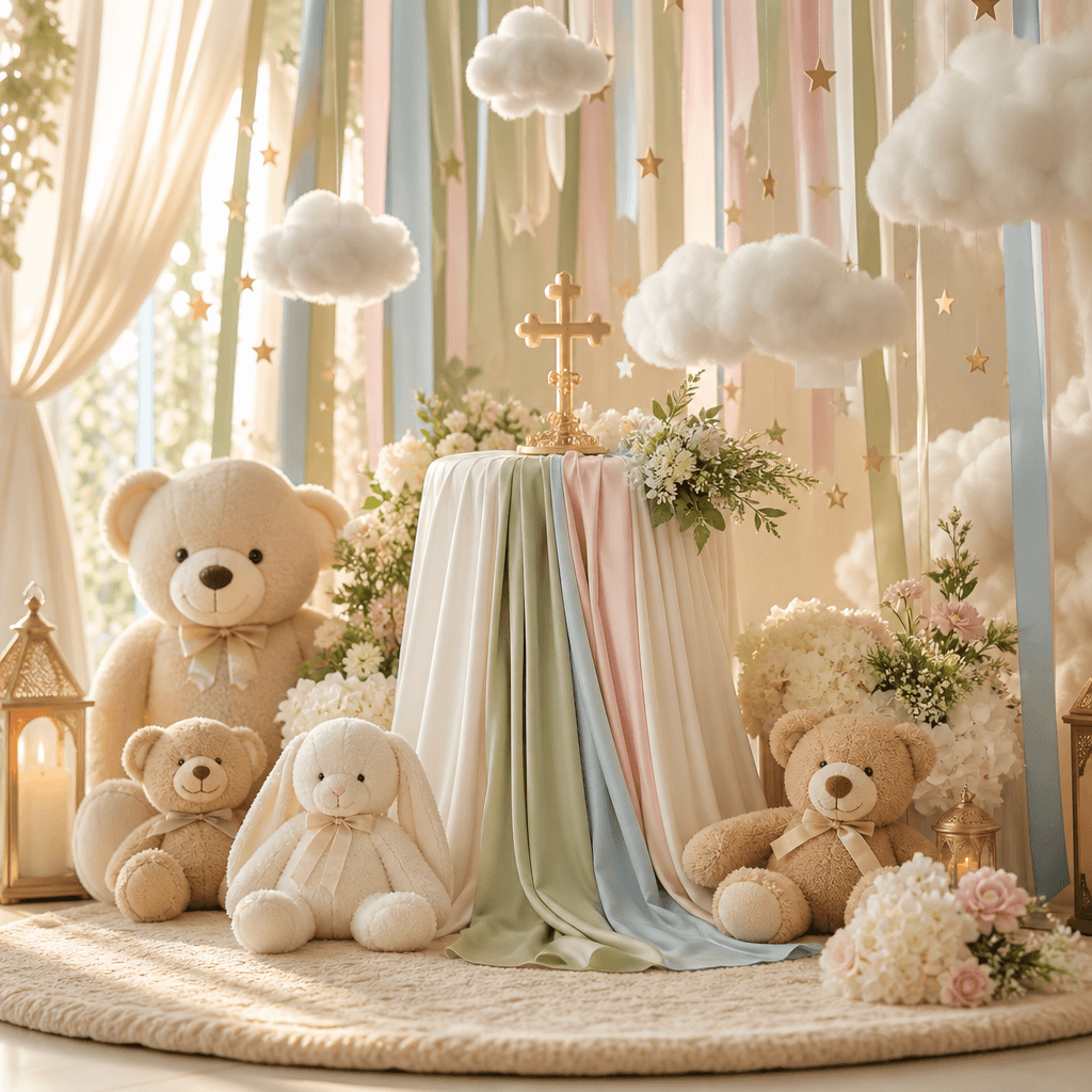 Decor luminos de botez cu jucării și panglici pastel